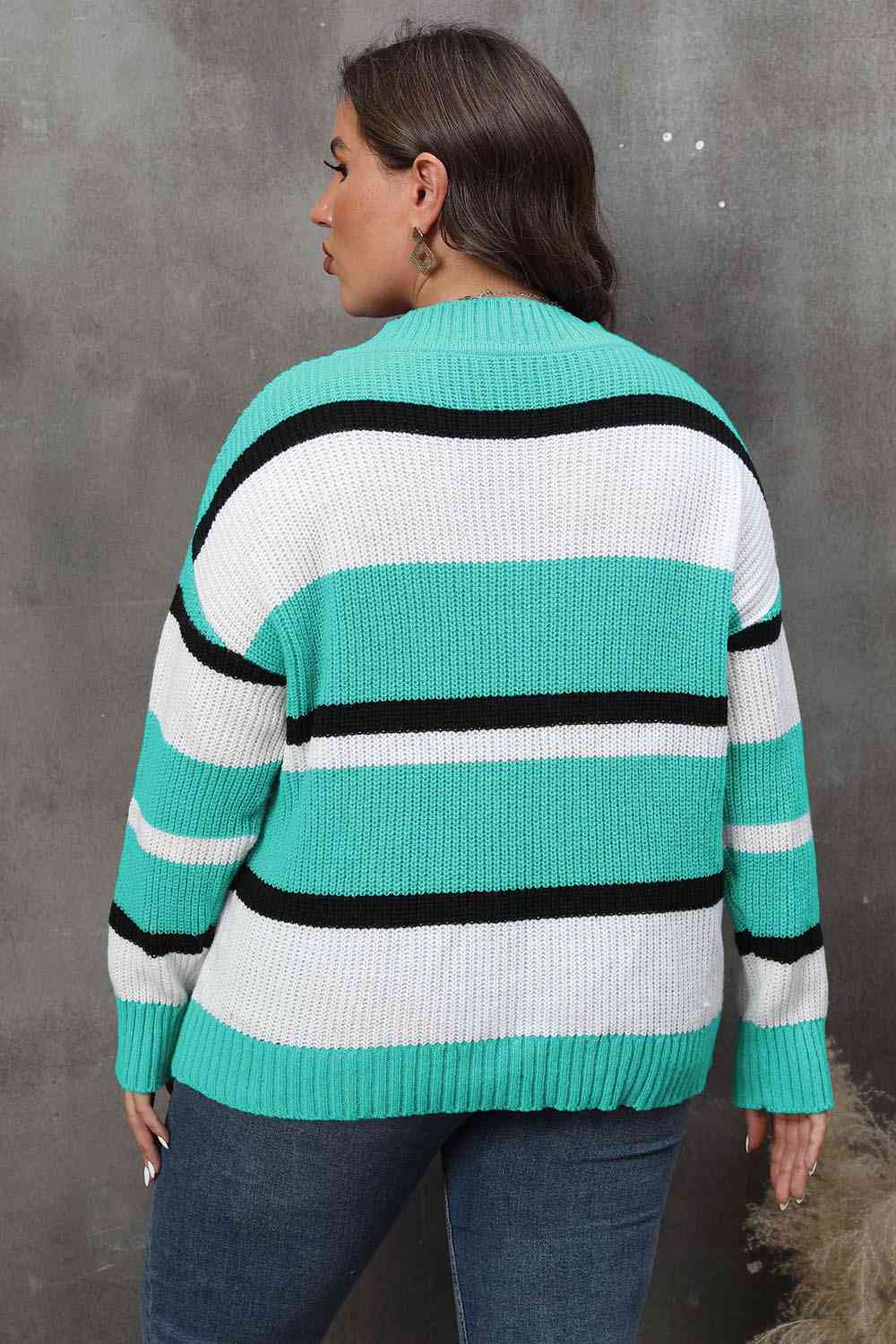 Plus Size Striped V-Neck Dropped Shoulder Sweater 