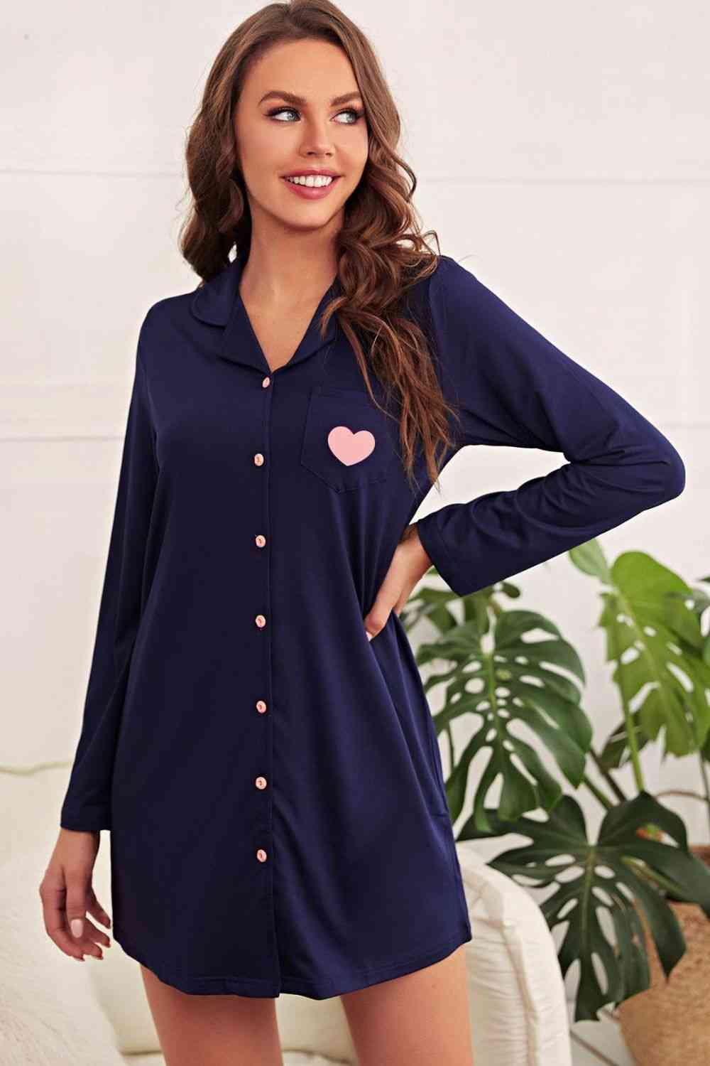 Heart Graphic Lapel Collar Night Shirt Dress 