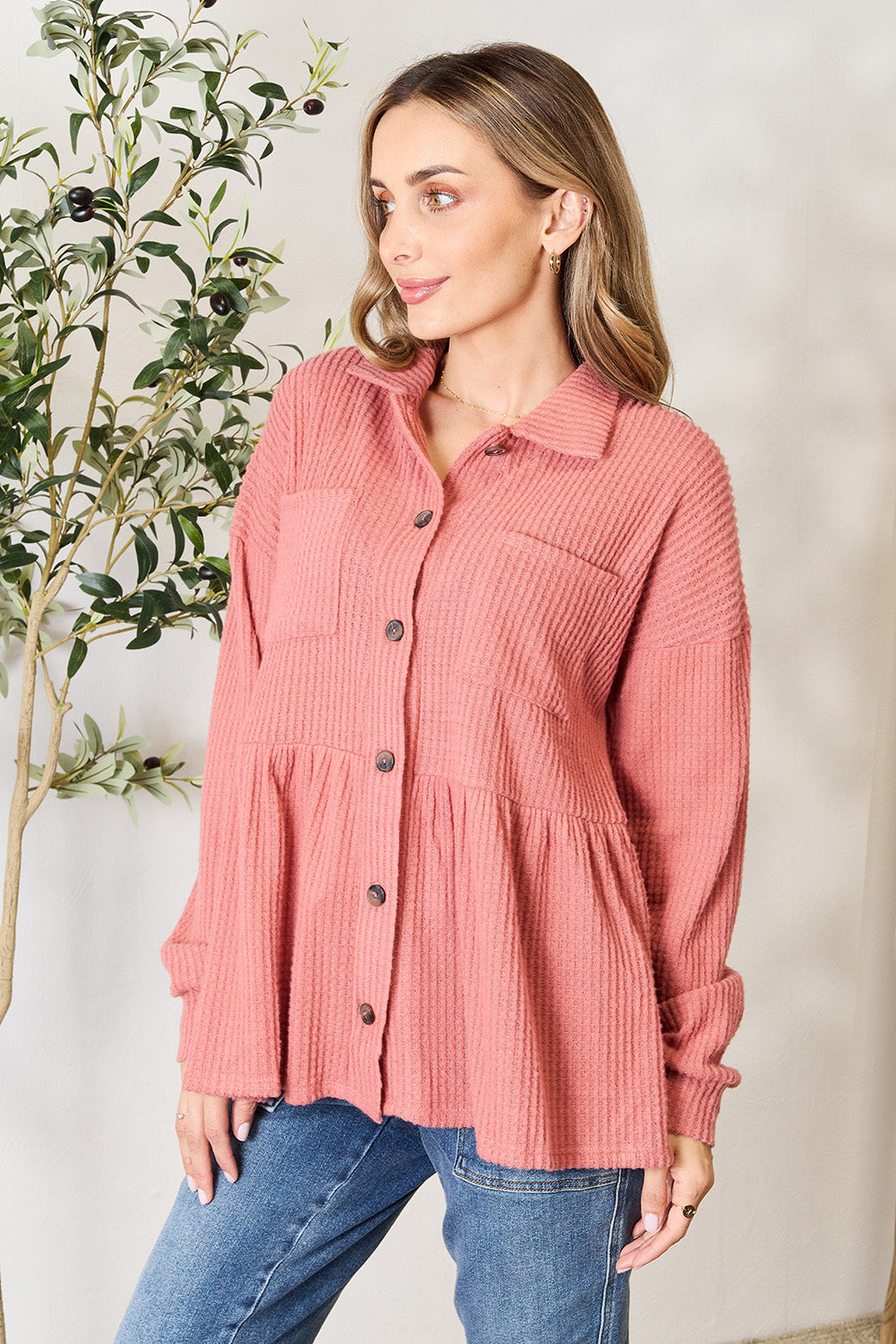 Heimish Full Size Waffle-Knit Button Down Blouse 