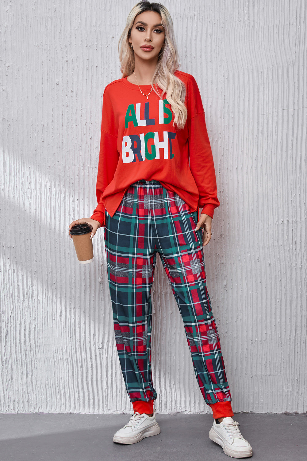 ALL IS BRIGHT Round Neck Top and Plaid Pants Lounge Set 