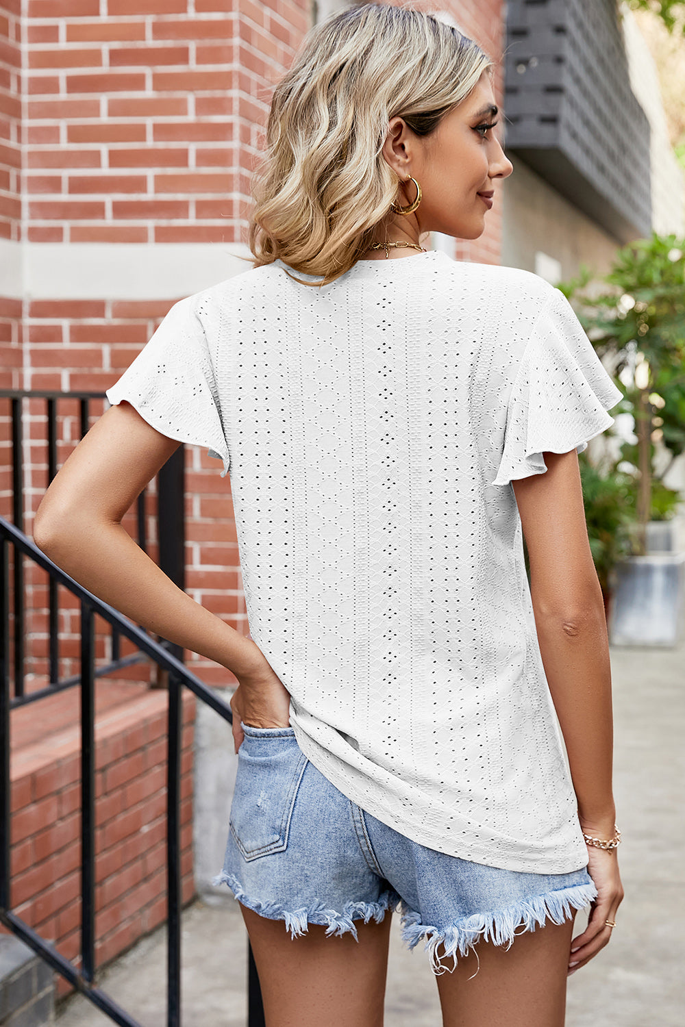 Eyelet V-Neck Flutter Sleeve T-Shirt 