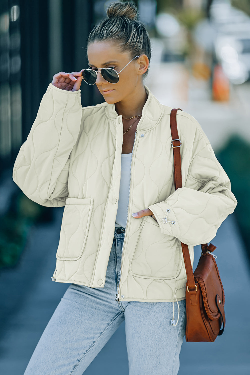 Drawstring Dropped Shoulder Quilted Jacket 