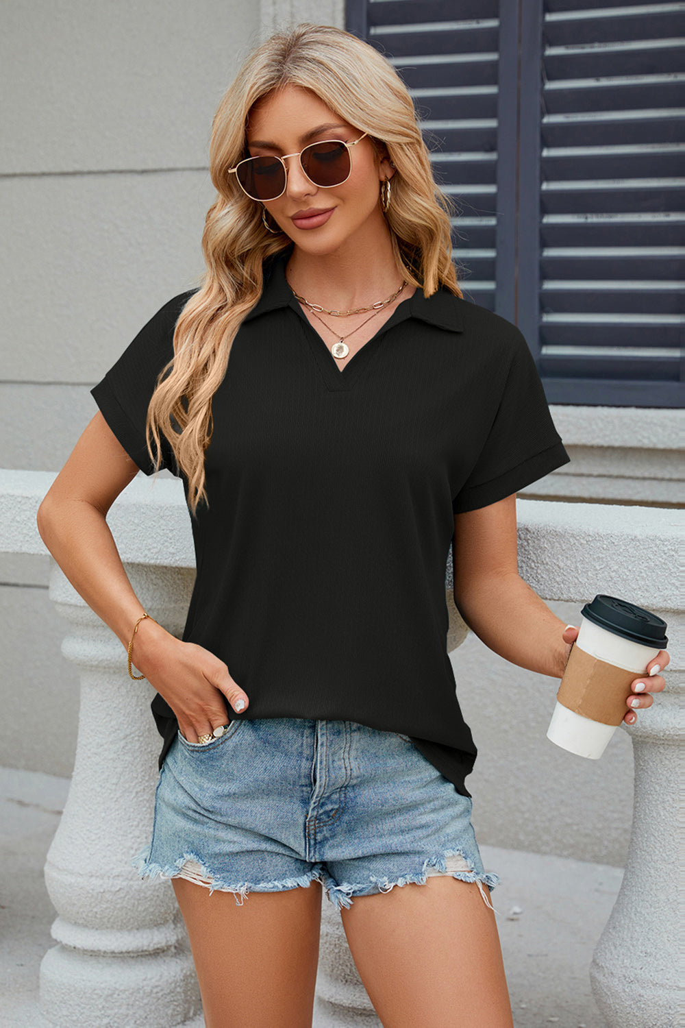 Johnny Collar Short Sleeve Blouse 