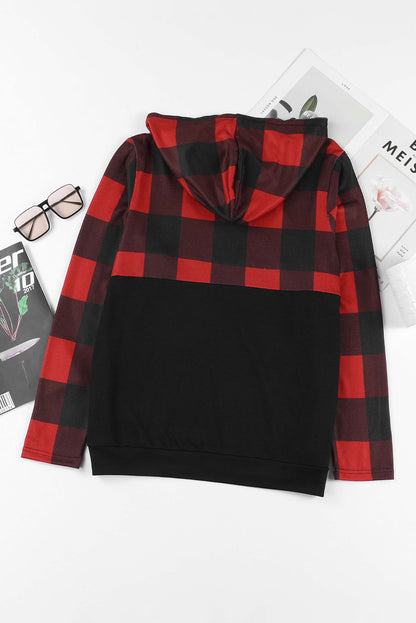 Drawstring Plaid Half Zip Hoodie 