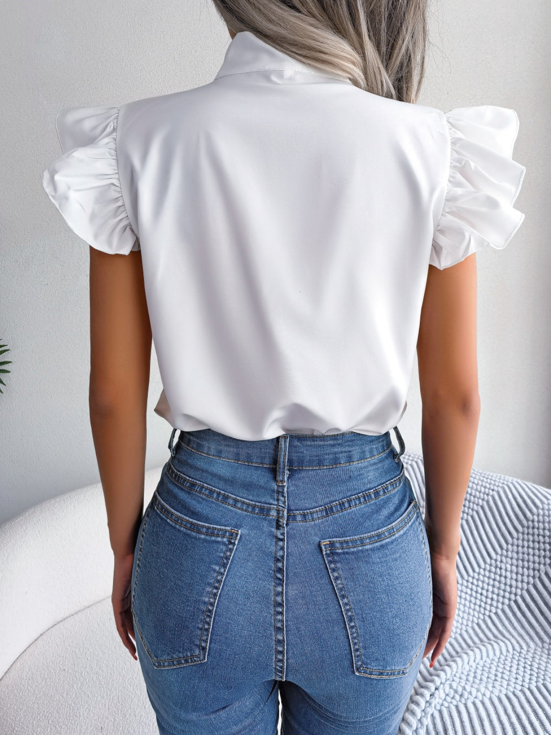 Tie  Neck Cap Sleeve Blouse 