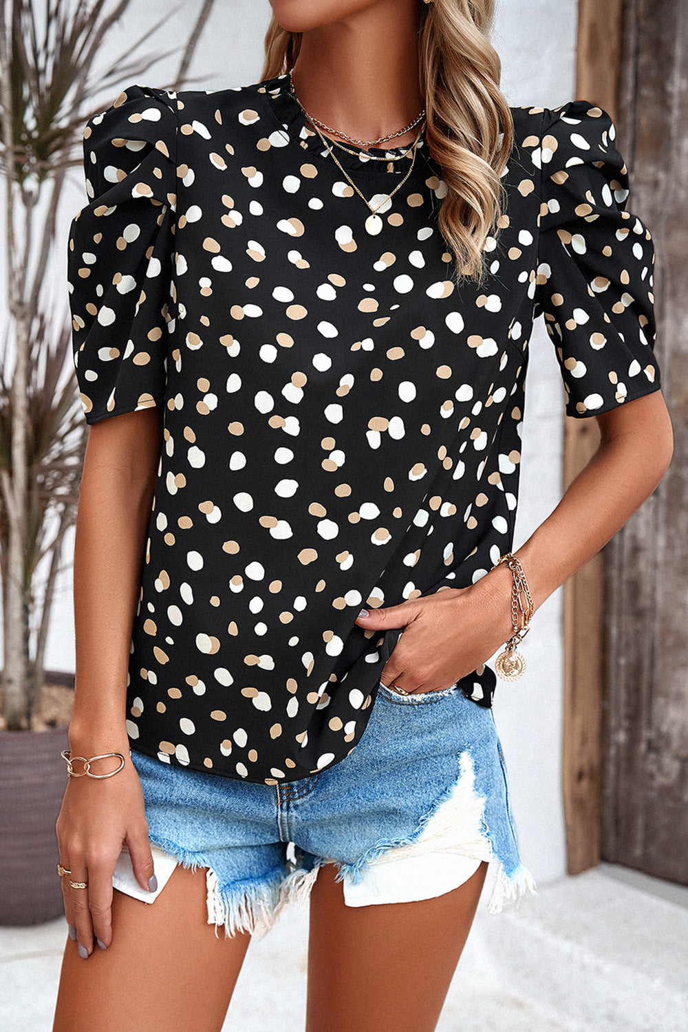 Tied Printed Puff Sleeve Blouse 