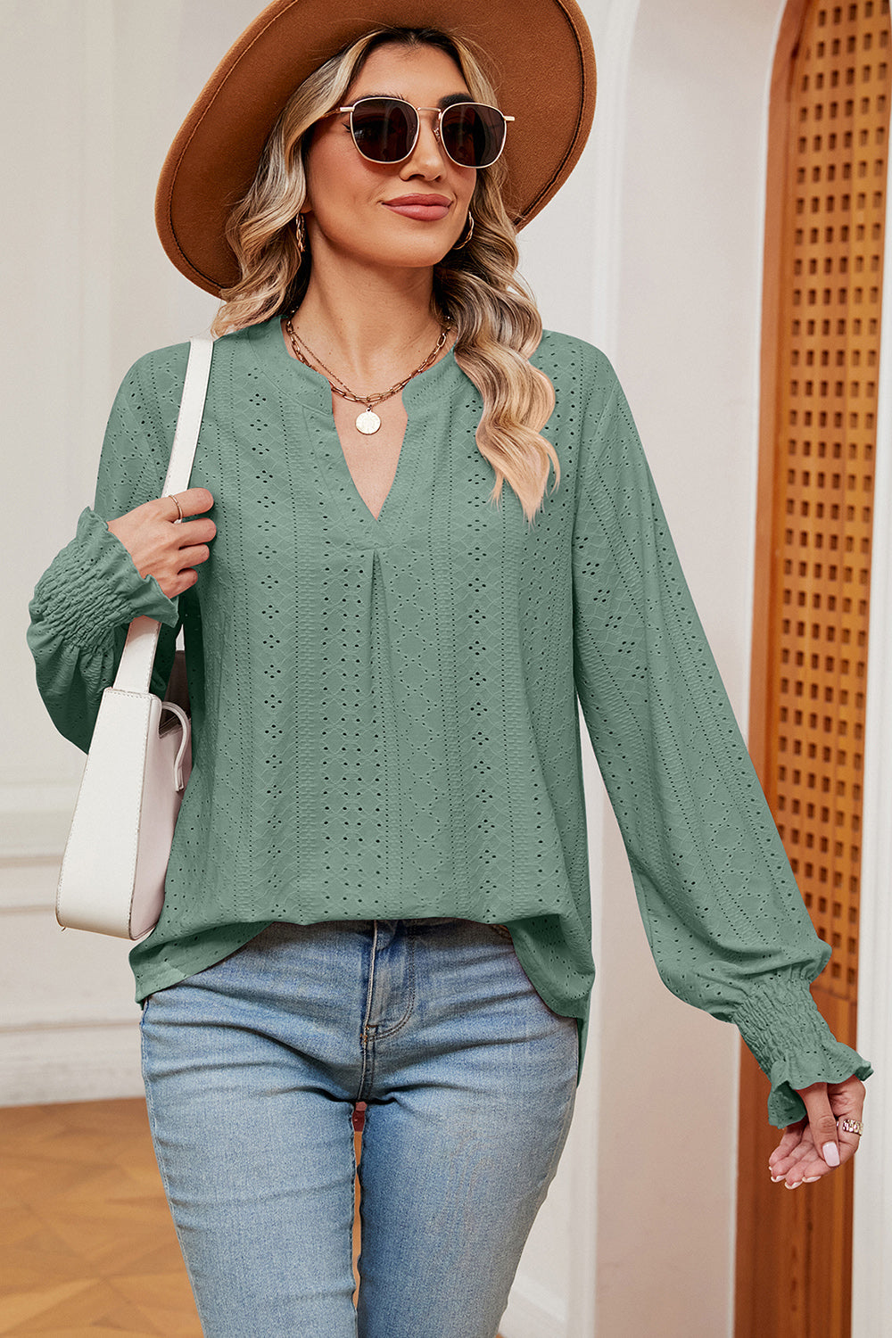 Eyelet Notched Long Sleeve T-Shirt