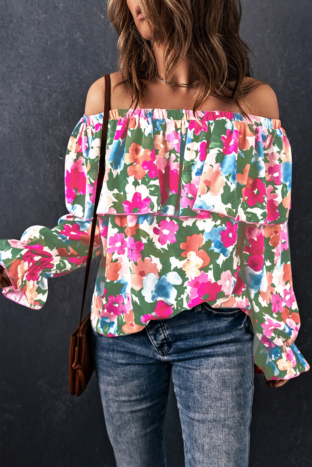 Floral Off-Shoulder Flounce Sleeve Layered Blouse 