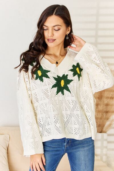 POL Floral Embroidered Pattern V-Neck Sweater 