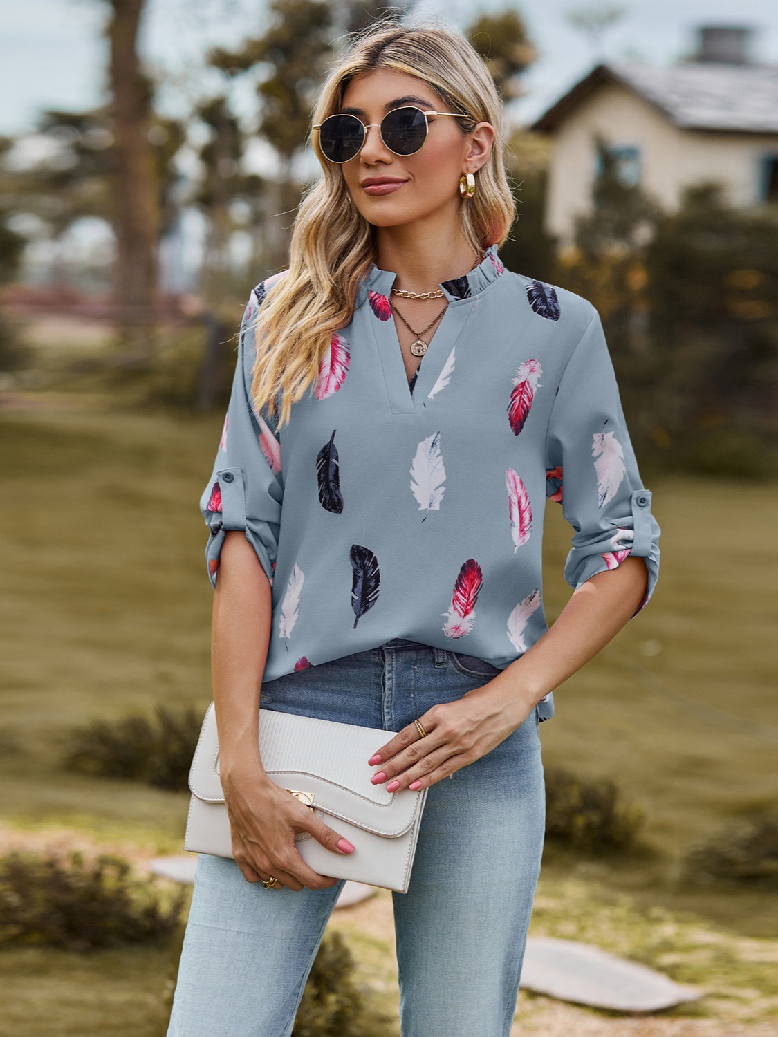 Printed Frill Notched Roll-Tab Sleeve Blouse