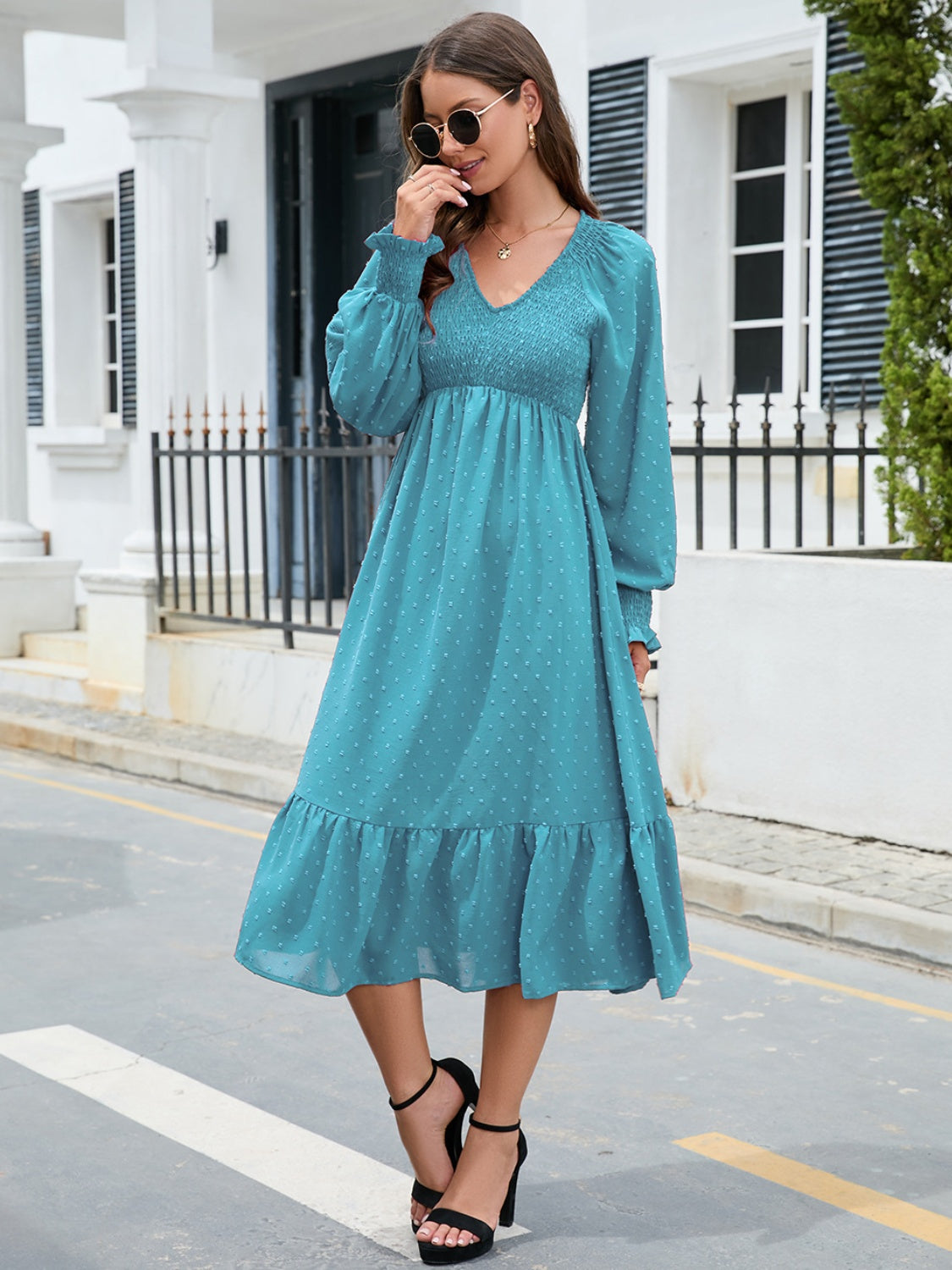 Swiss Dot V-Neck Smocked Lantern Sleeve Ruffle Hem Dress - Babbazon Midi Dress