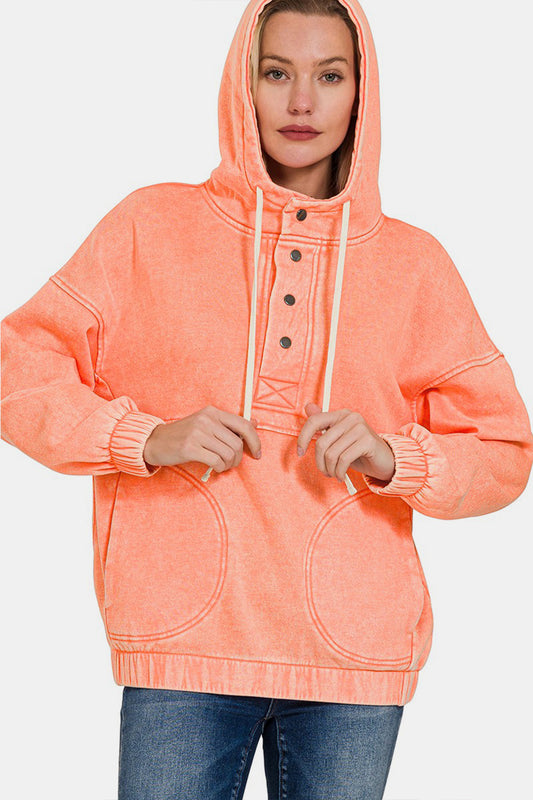 Zenana Drawstring Half Snap Dropped Shoulder Hoodie - Babbazon sweatshirt