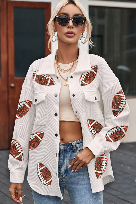 Sequin Football Patch Collared Neck Snap Button Jacket 