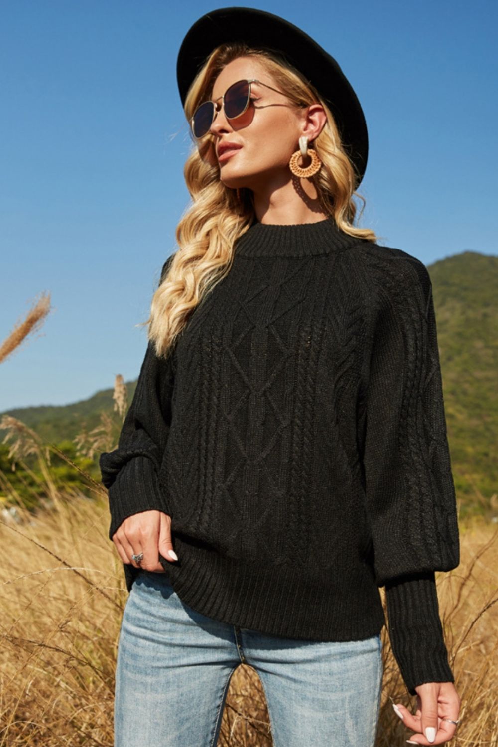 Ribbed Mock Neck Lantern Sleeve Sweater 