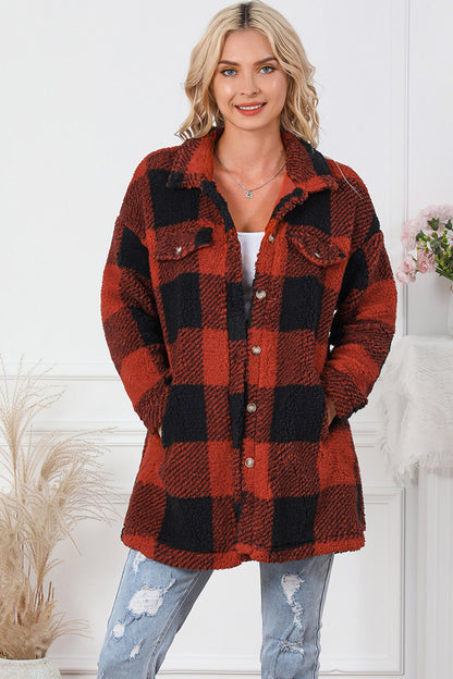 Plaid Button Down Coat with Pockets 