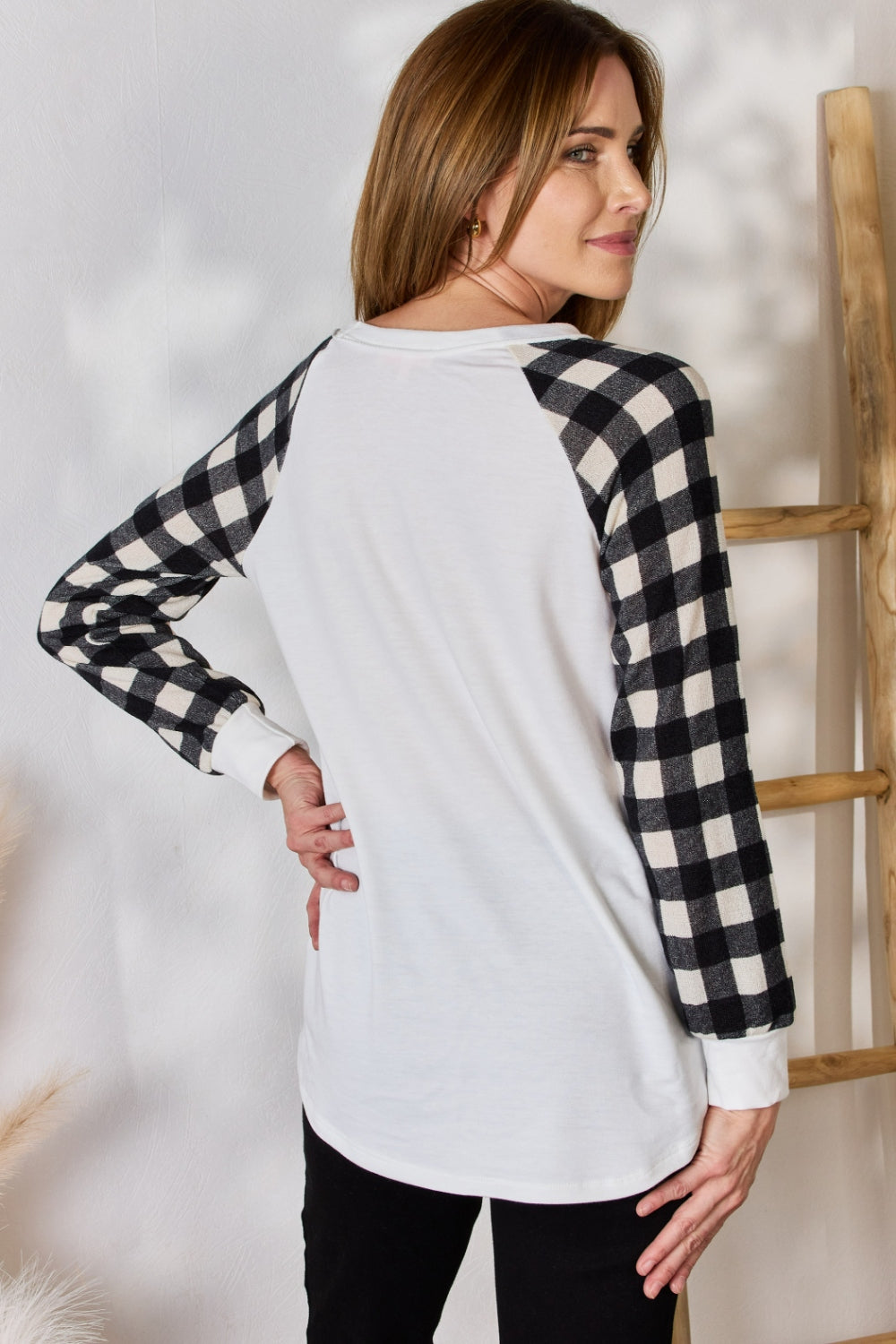 Hailey & Co Full Size Plaid Raglan Sleeve Round Neck Blouse 