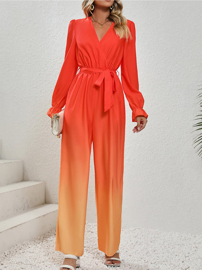 Gradient Tie Front Flounce Sleeve Jumpsuit 