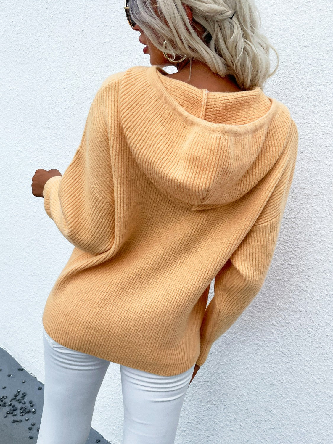 Drawstring Dropped Shoulder Hooded Sweater 