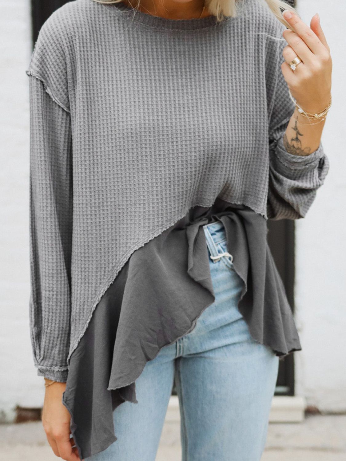 Waffle-Knit Round Neck Dropped Shoulder T-Shirt 