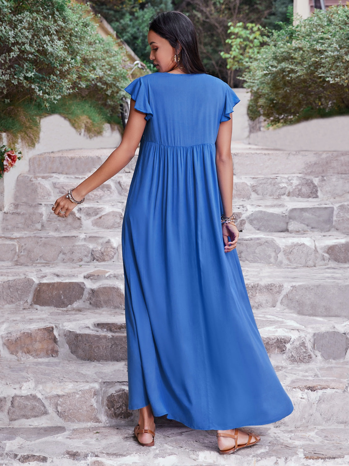 Tie Neck Cap Sleeve Maxi Dress 