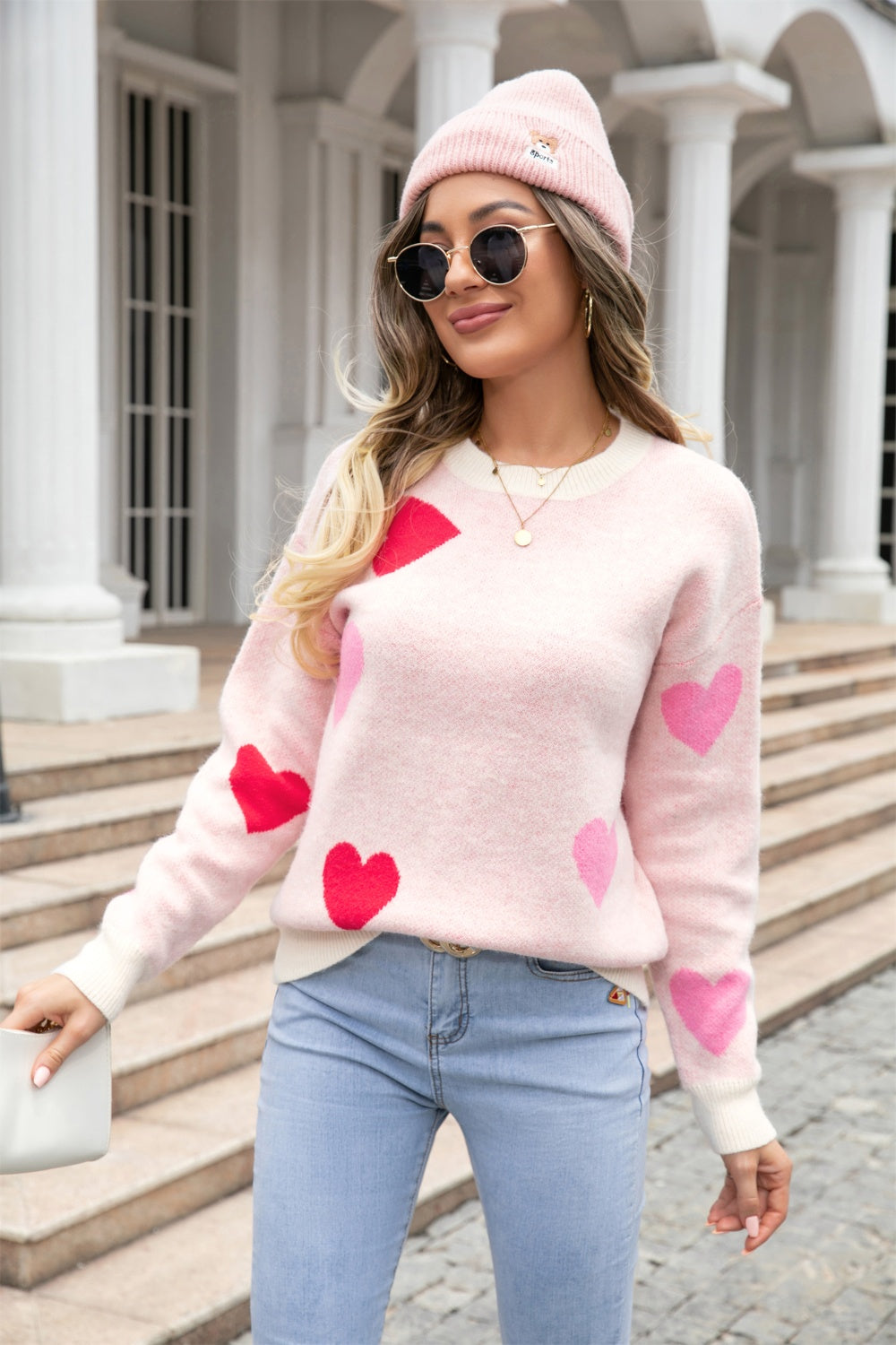 Heart Round Neck Droppped Shoulder Sweater 