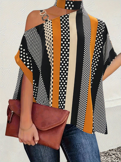 Cutout Color Block Mock Neck Blouse 