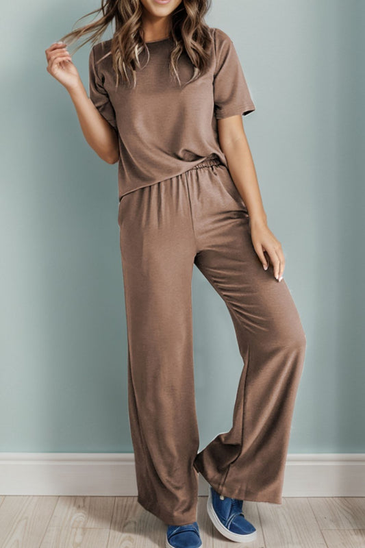 Round Neck Top and Pants Set - Babbazon