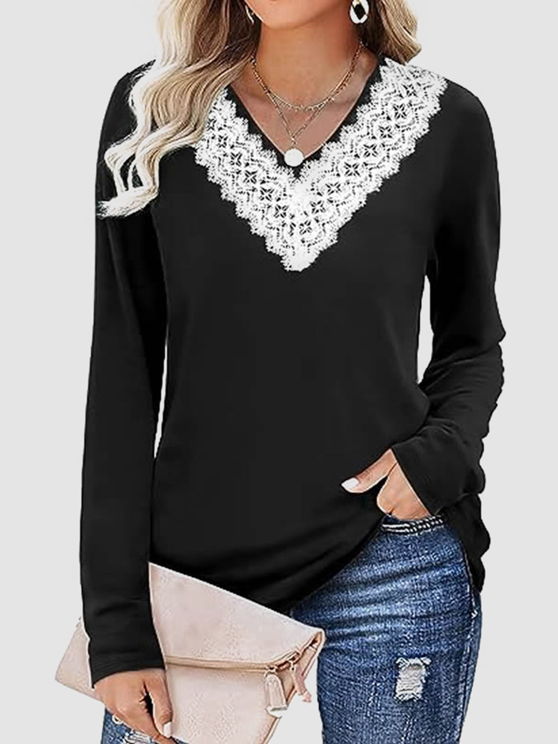 Lace Detail V-Neck Long Sleeve Top 