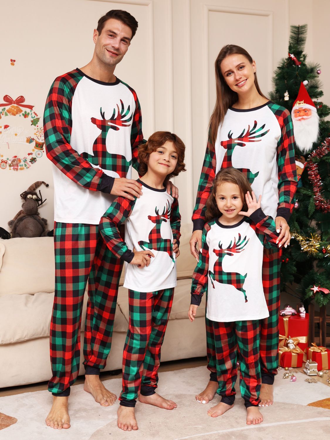 Reindeer Graphic Top and Plaid Pants Set 