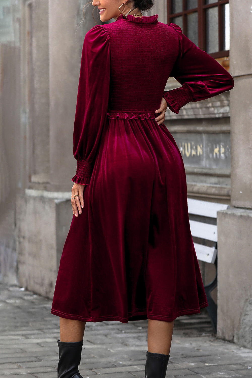 Smocked Lantern Sleeve Midi Dress 