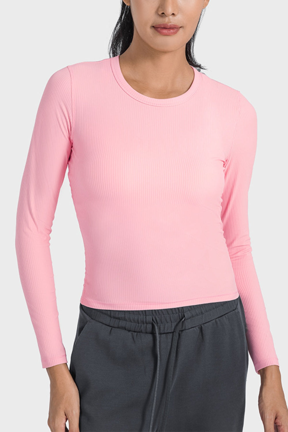 Round Neck Long Sleeve Sports Top - Babbazon Tops