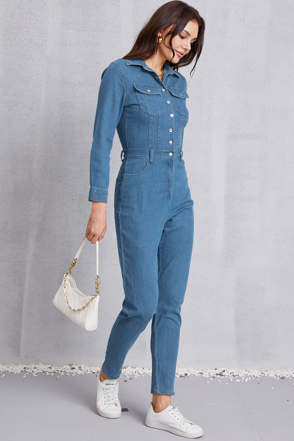 Snap Down Denim Jumpsuit with Pockets 