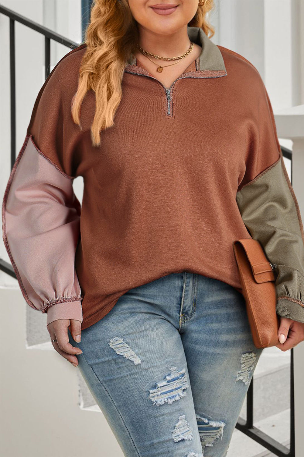 Plus Size Exposed Seam Color Block Quarter Zip Sweatshirt 