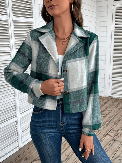 Plaid Collared Neck Button Up Long Sleeve Jacket 