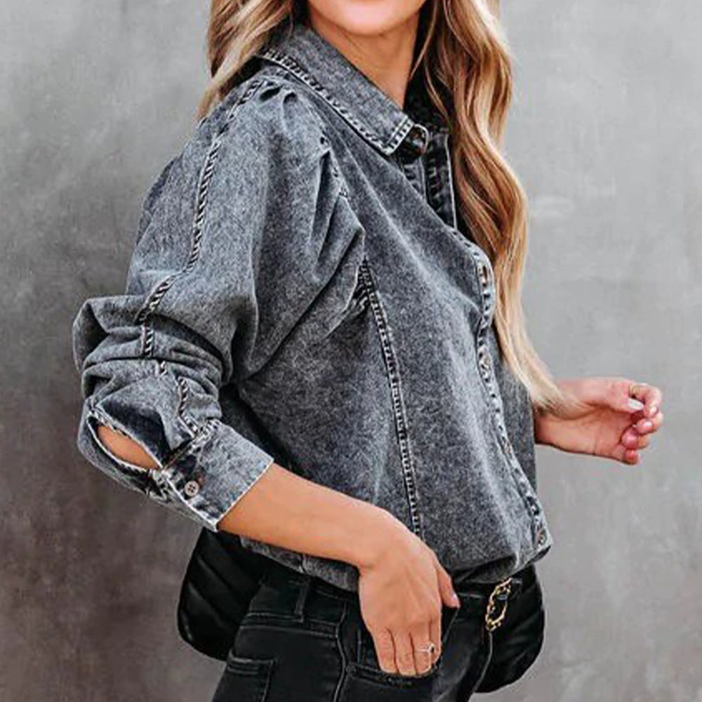 Collared Neck Buttoned Denim Shirt 