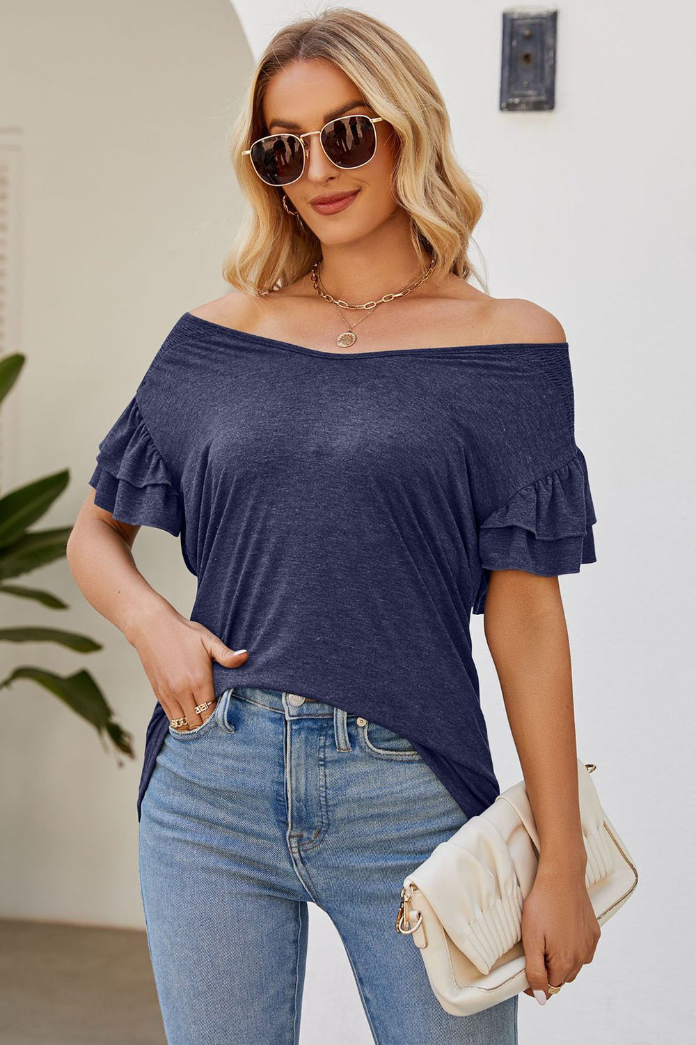 Ruffled V-Neck Flutter Sleeve T-Shirt 