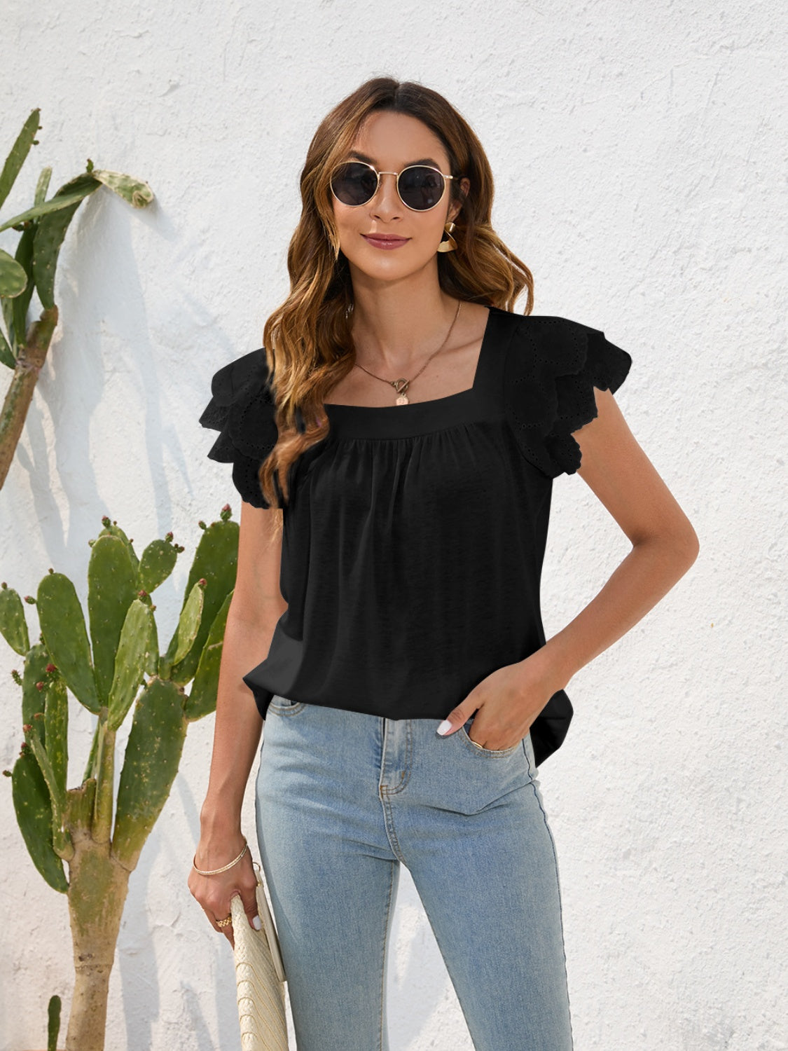 Ruffled Square Neck Cap Sleeve Blouse 