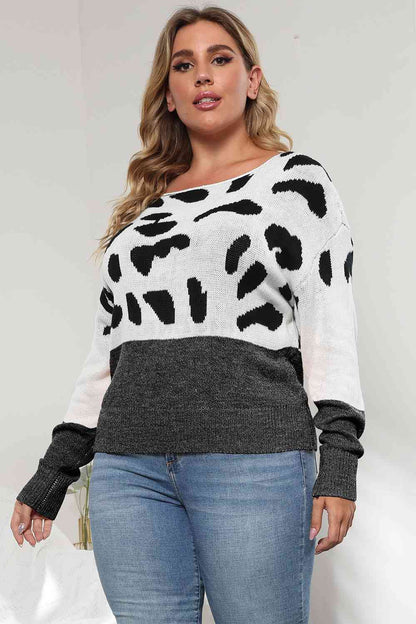 Plus Size Leopard Round Neck Long Sleeve Sweater 