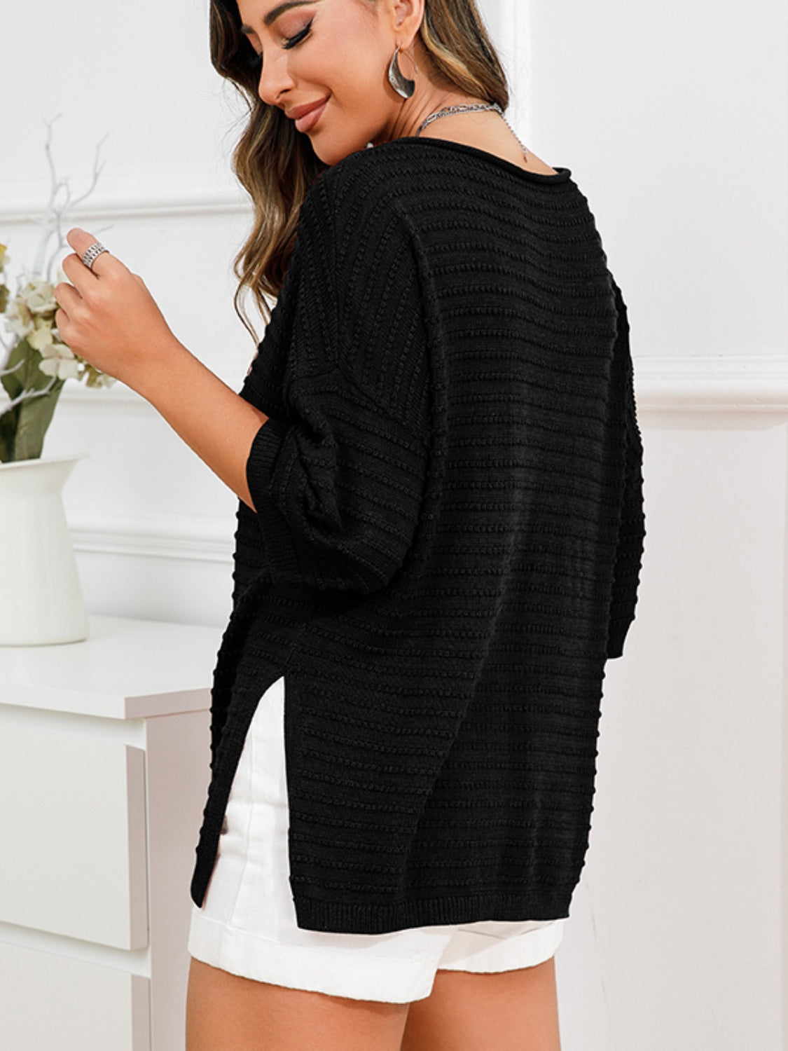 Rolled Round Neck Dropped Shoulder Slit Sweater 