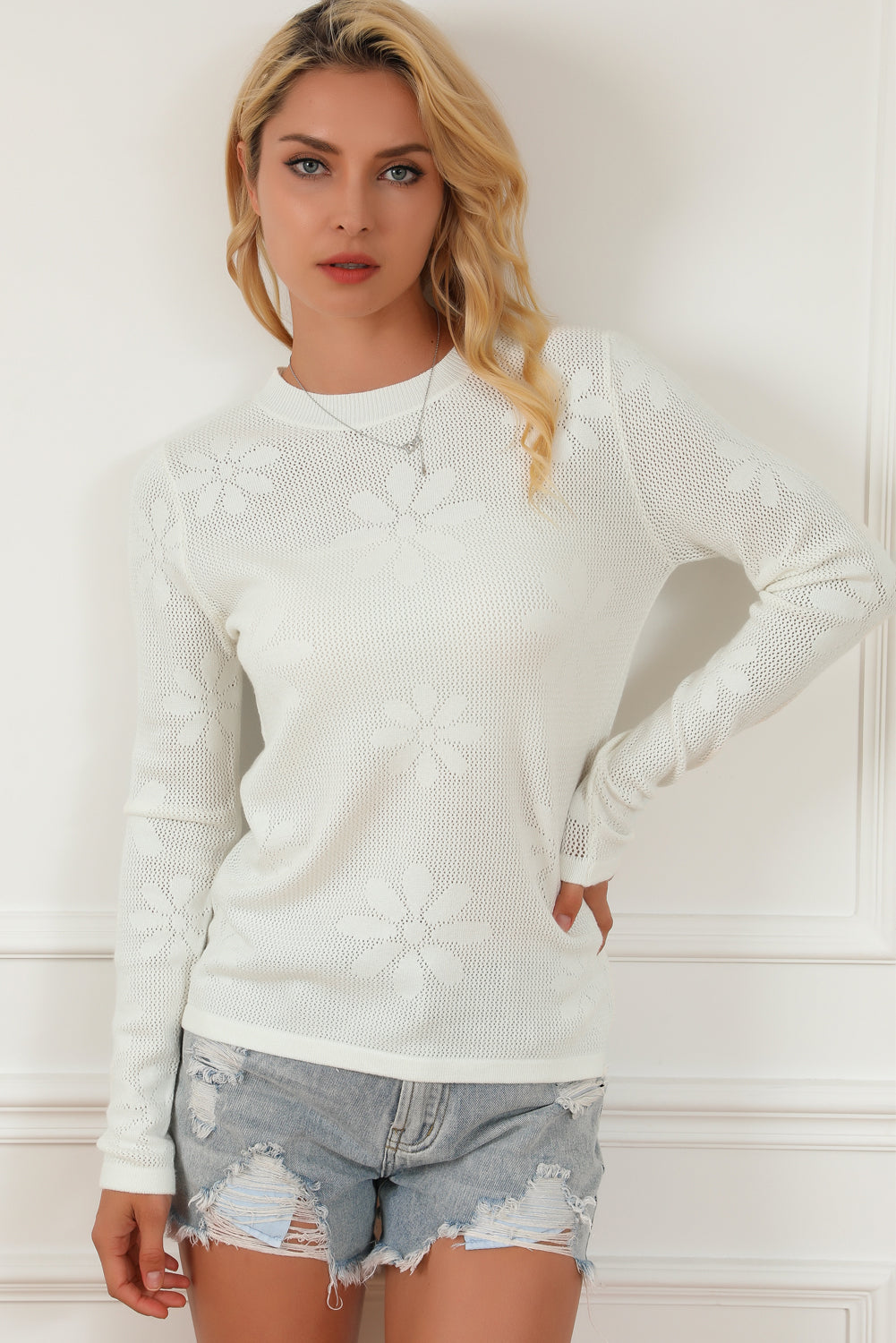 Floral Eyelet Round Neck Long Sleeve Knit Top 