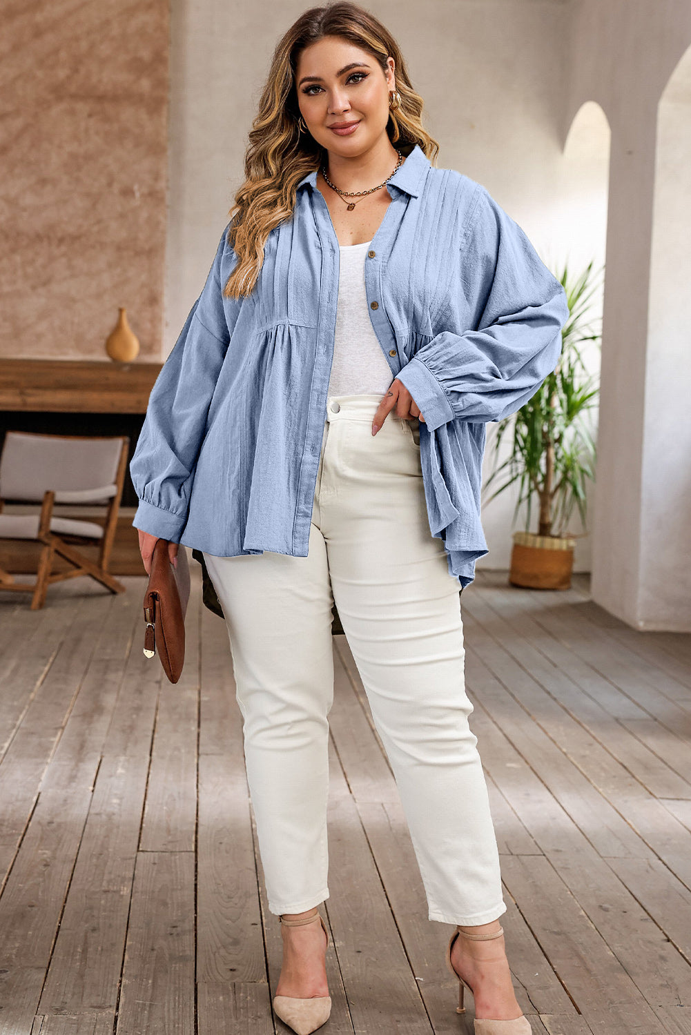 Plus Size High-Low Button Up Dropped Shoulder Shirt 