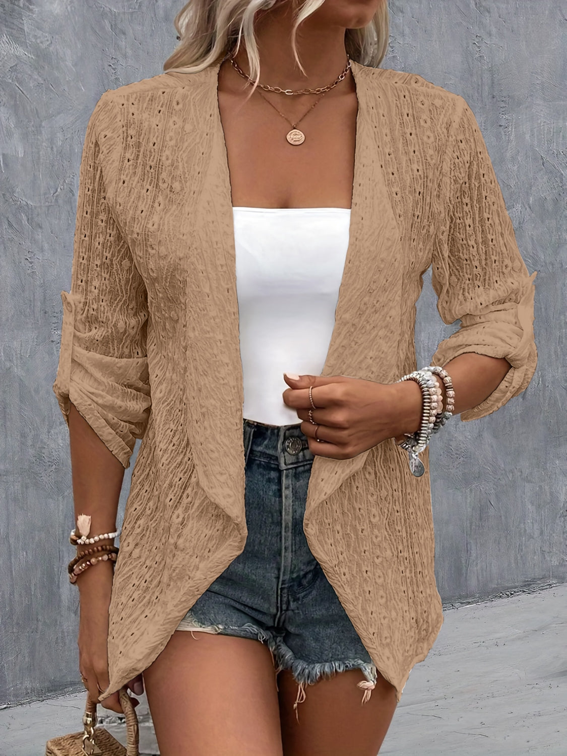 Eyelet Roll-Tab Sleeve Cardigan - Babbazon Camisole