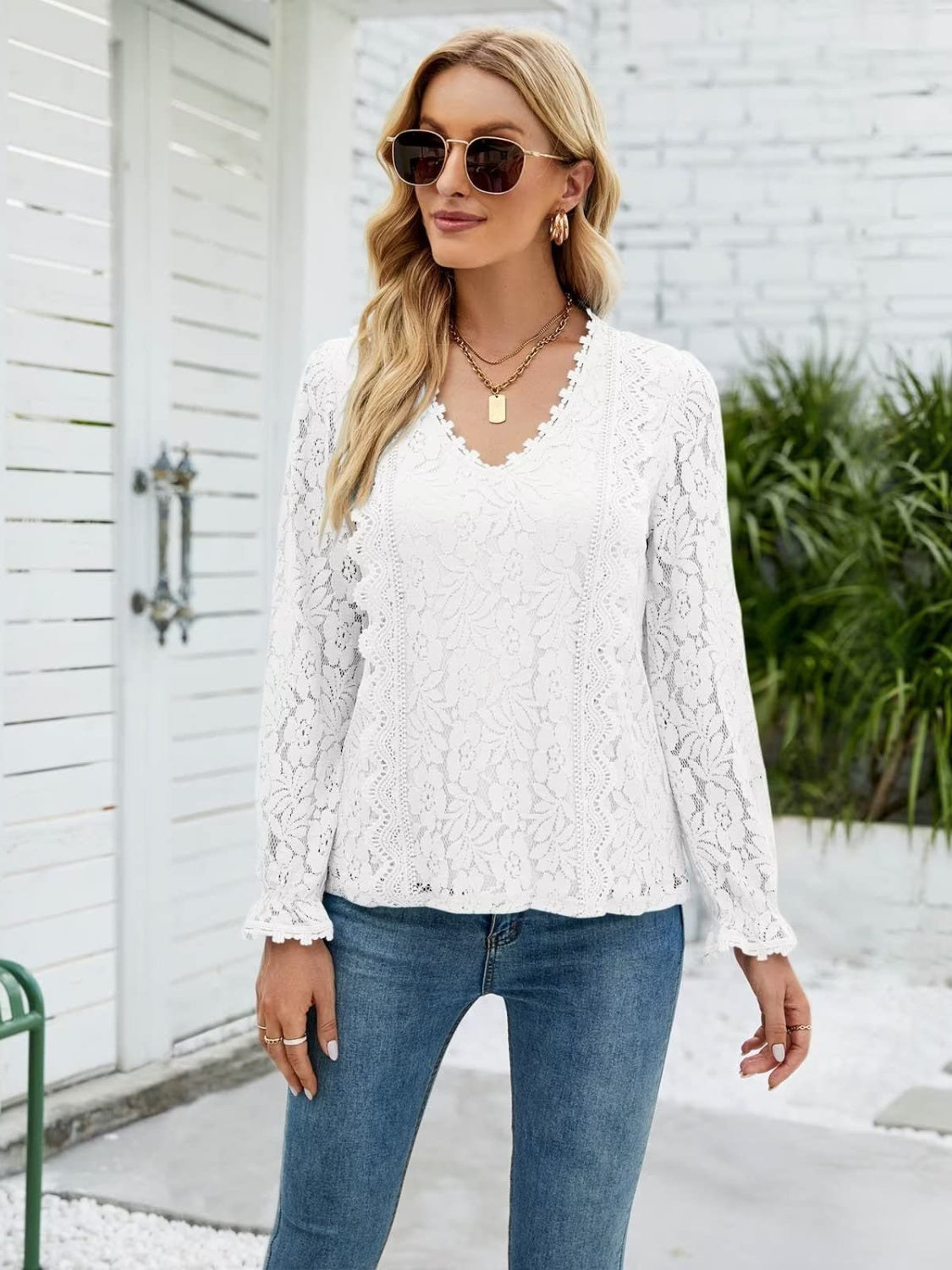 Lace V-Neck Flounce Sleeve Blouse