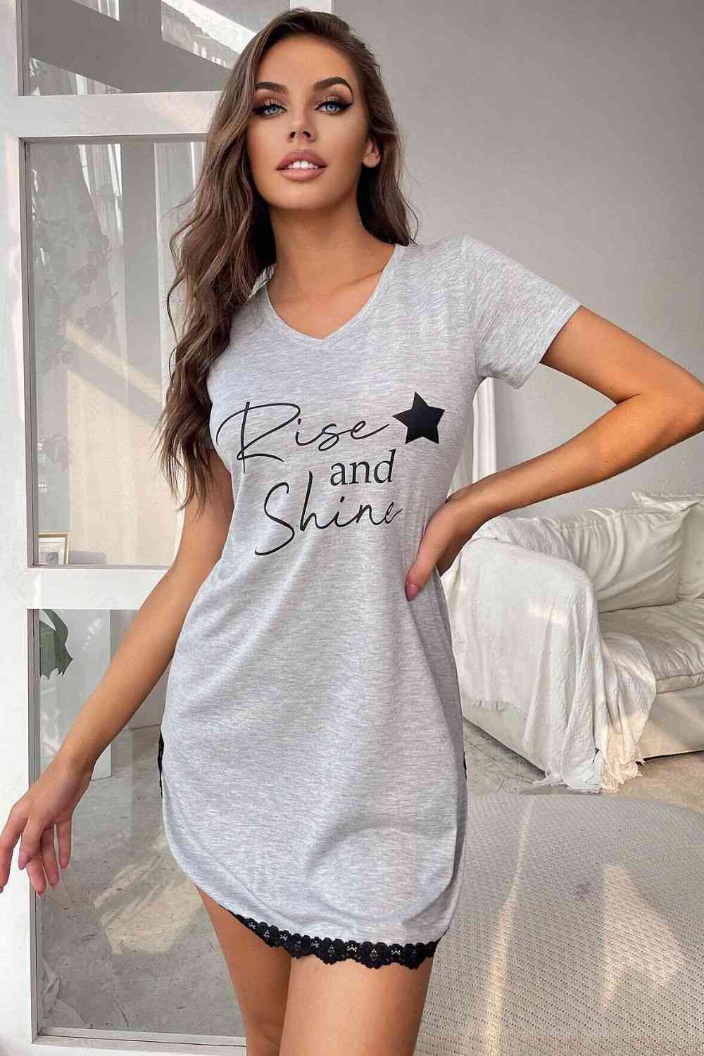 RISE AND SHINE Contrast Lace V-Neck T-Shirt Dress - Babbazon loungewear