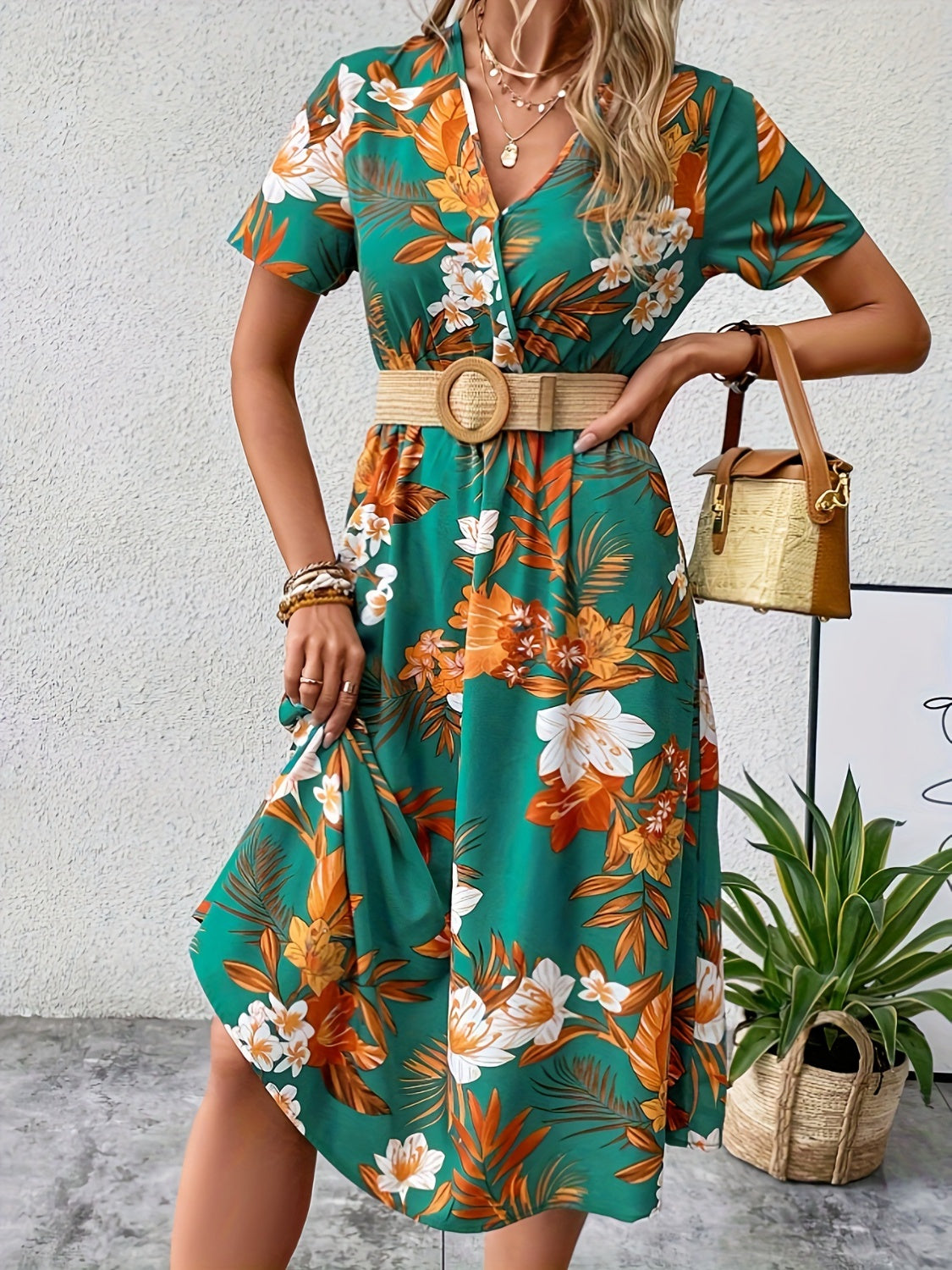 Floral Surplice Short Sleeve Dress 