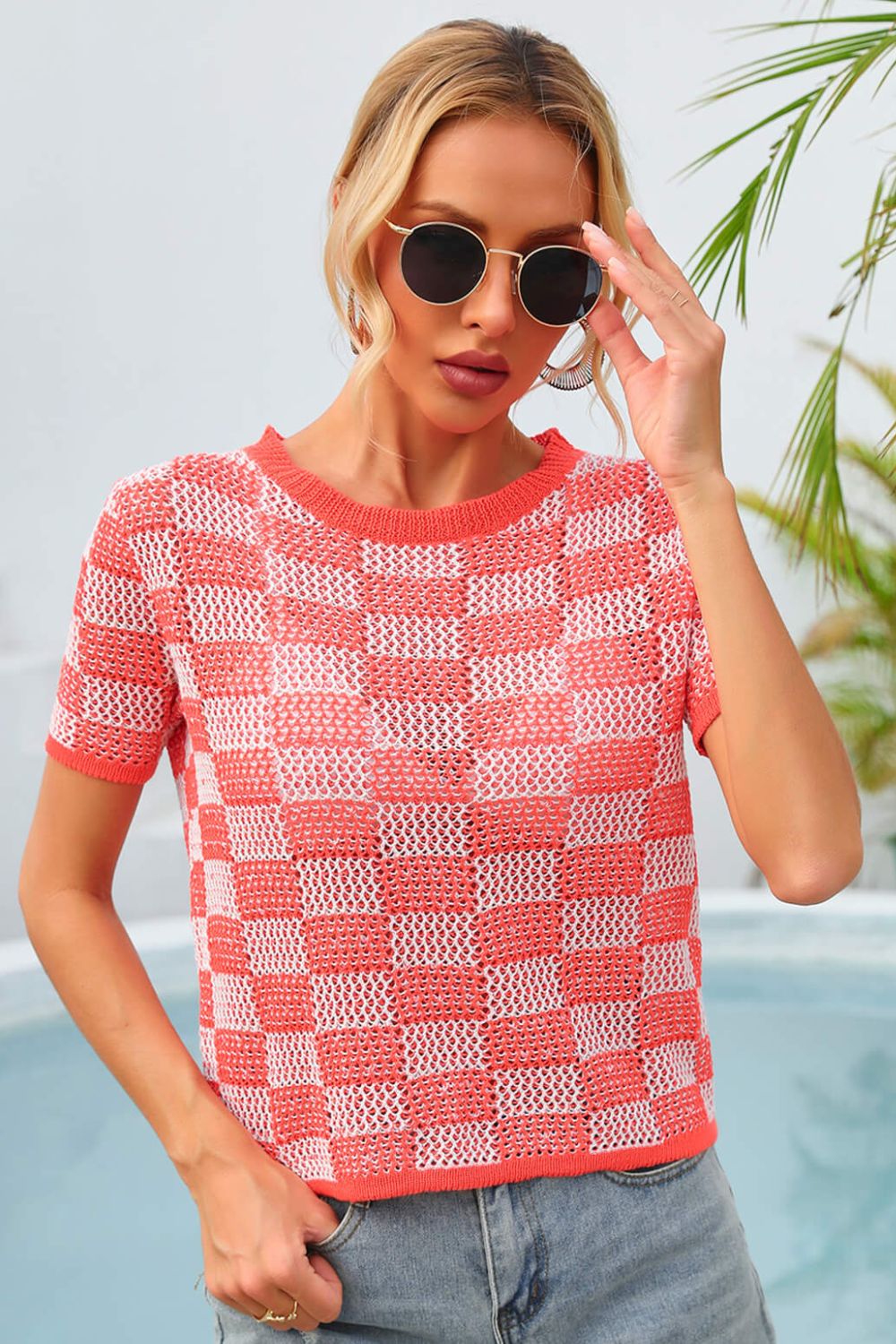 Checkered Short Sleeve Knit Top 