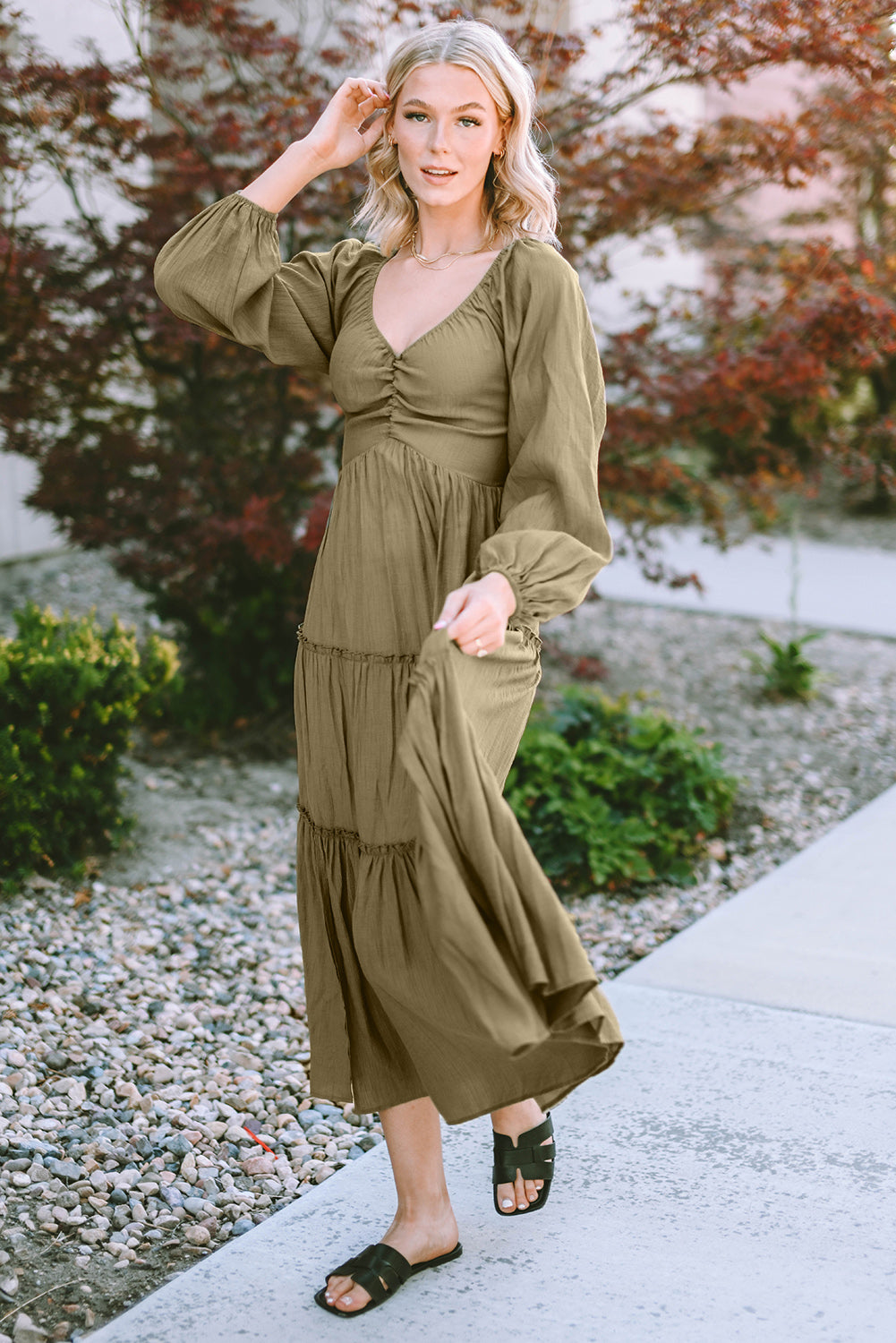 Ruched V-Neck Balloon Sleeve Tiered Dress 