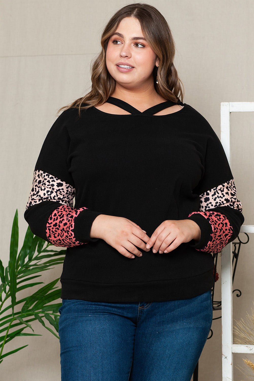 Plus Size Leopard Dropped Shoulder Long Sleeve T-Shirt 