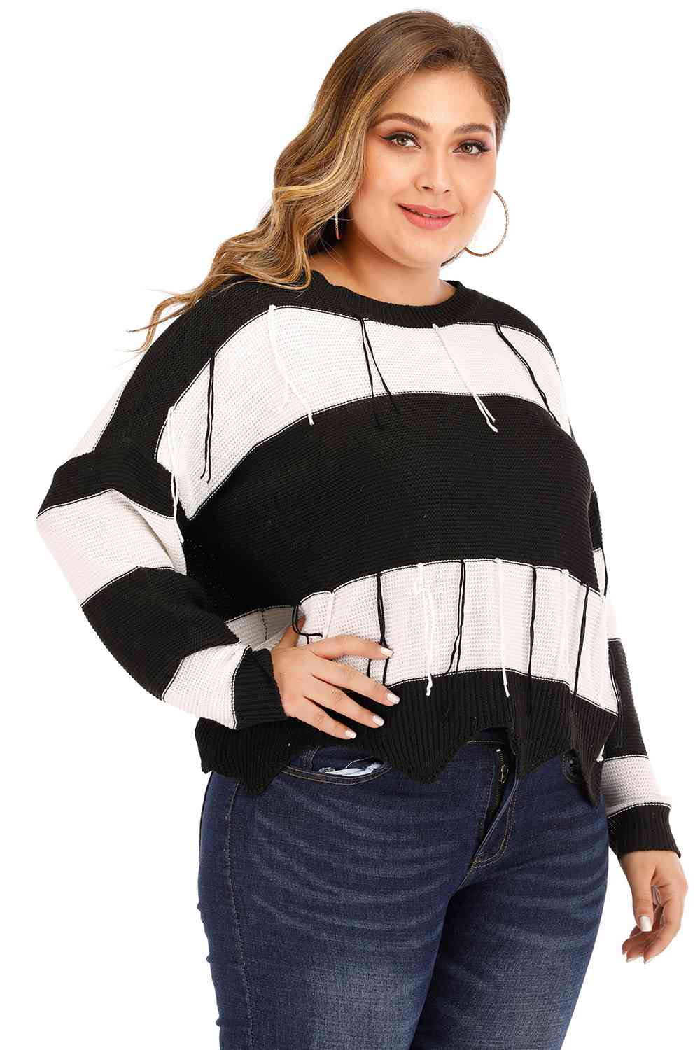 Plus Size Drop Shoulder Color Block Sweater 