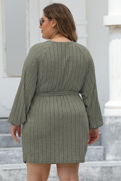 Plus Size Ribbed Tie Front Long Sleeve Sweater Dress 